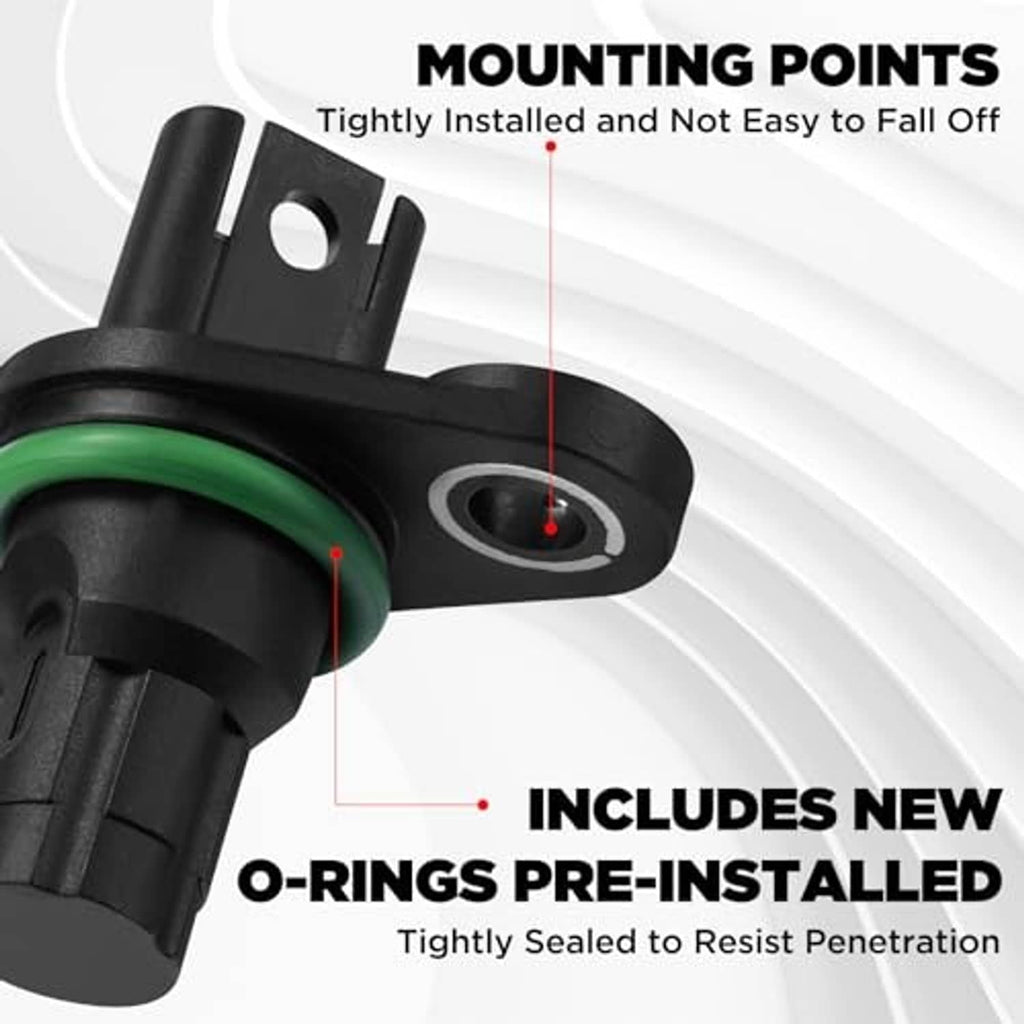 Black camshaft position sensor with mounting tabs and preinstalled green O-rings