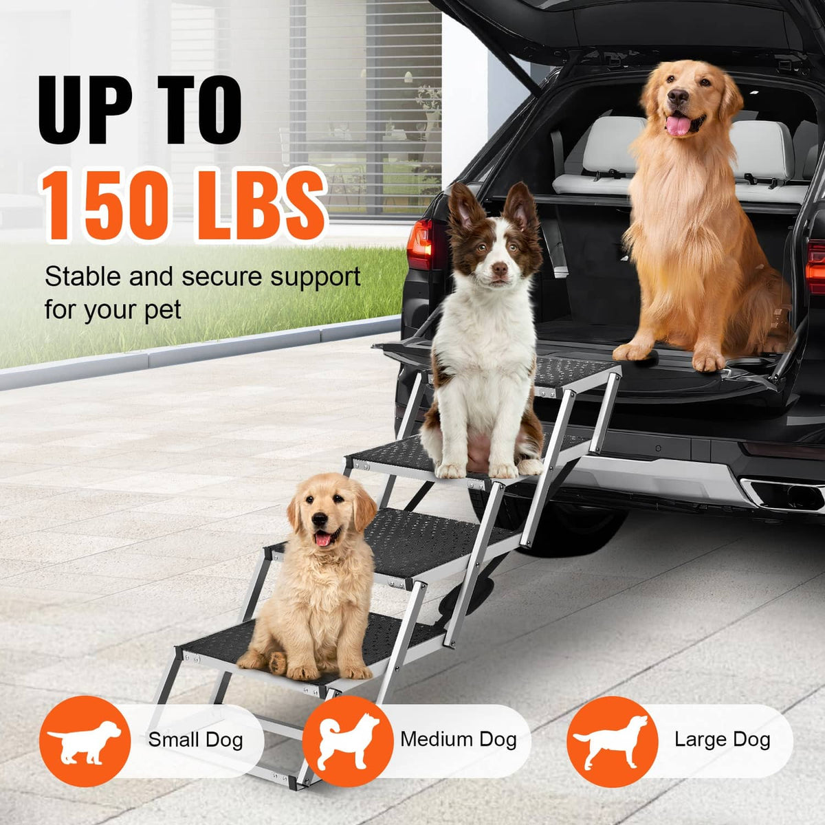 4-step dog stairs for car with aluminum frame and black non-slip step surfaces