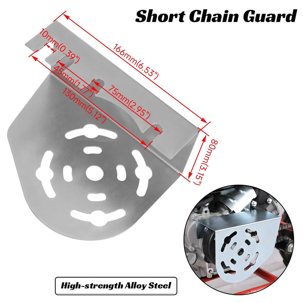 Silver chain guard cover with curved shield, cutout pattern, and mounting size diagram
