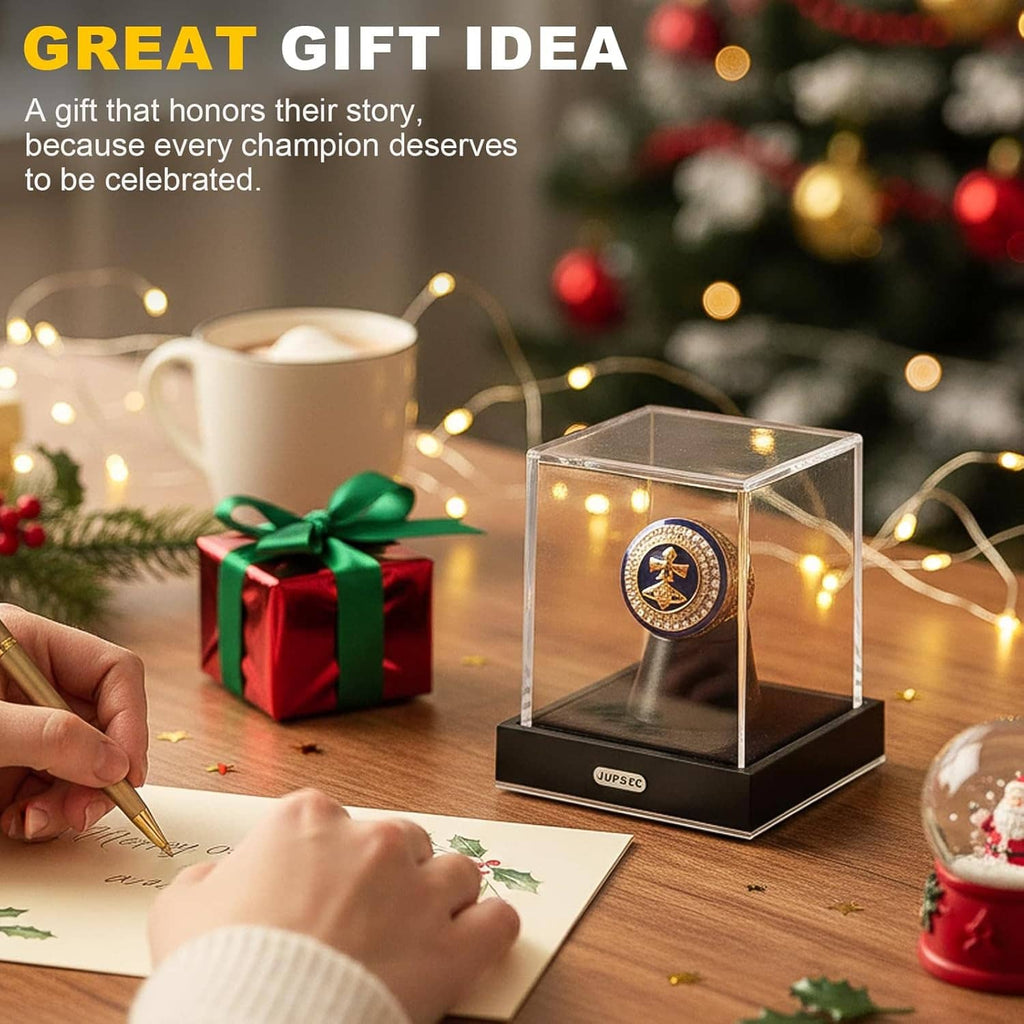 Clear acrylic ring display case with black base and cone holder, lit for a gift