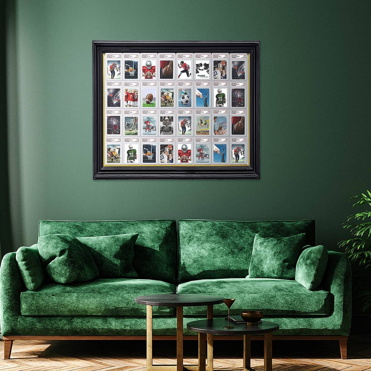 Framed display featuring several clear acrylic trading card protector cases.