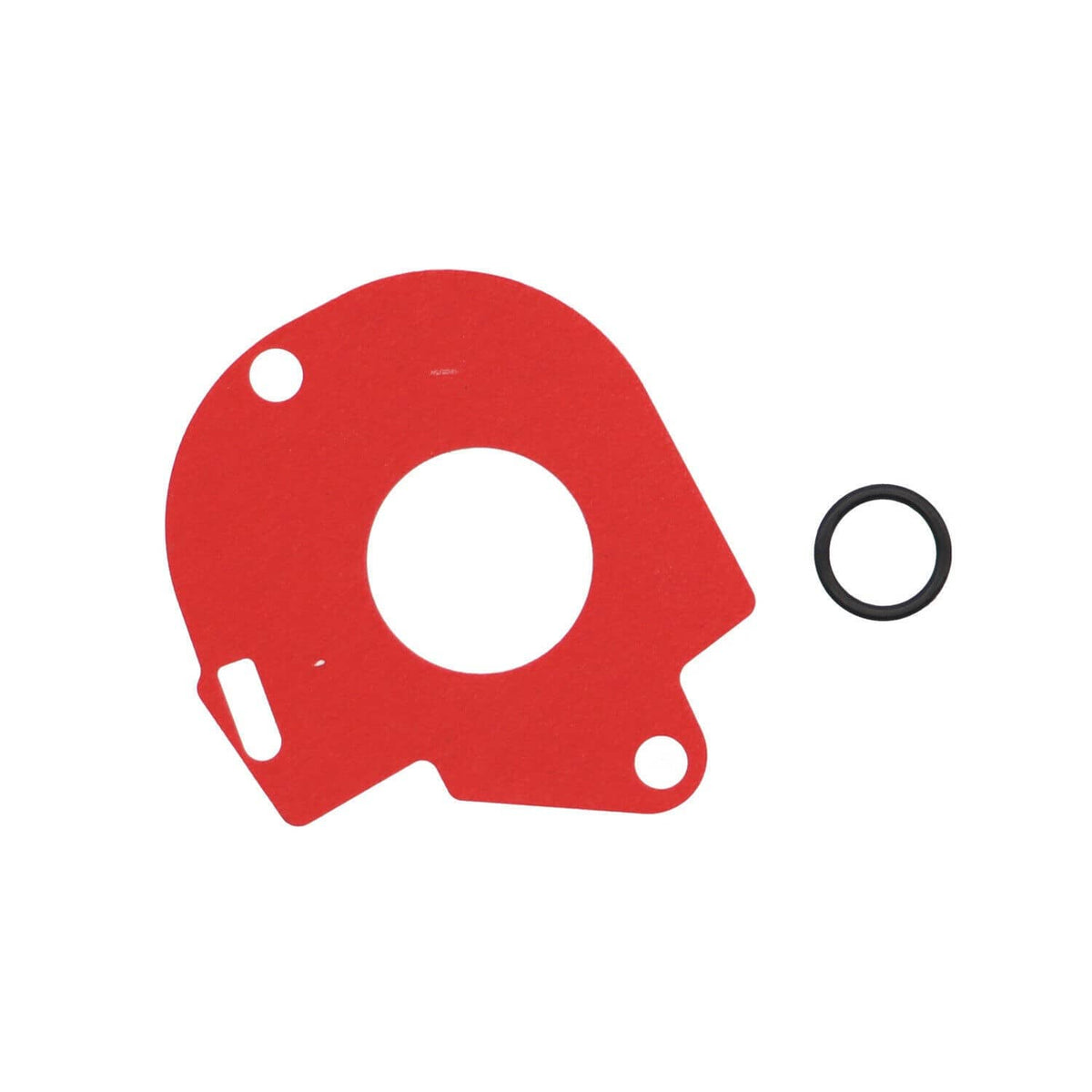 Red brake pump mounting gasket plate with circular hole and rubber O-ring