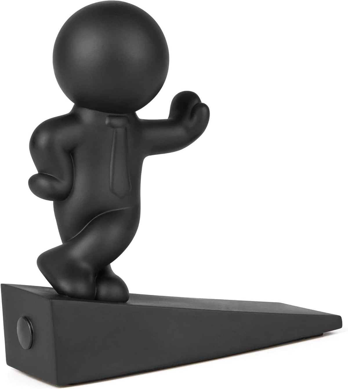 Black character door stop with rounded head and raised hand on a wedge base.