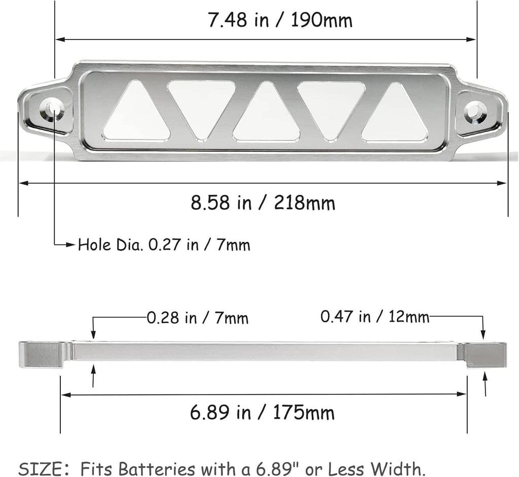 Silver aluminum battery hold-down bracket with mounting holes and elongated cutout slots