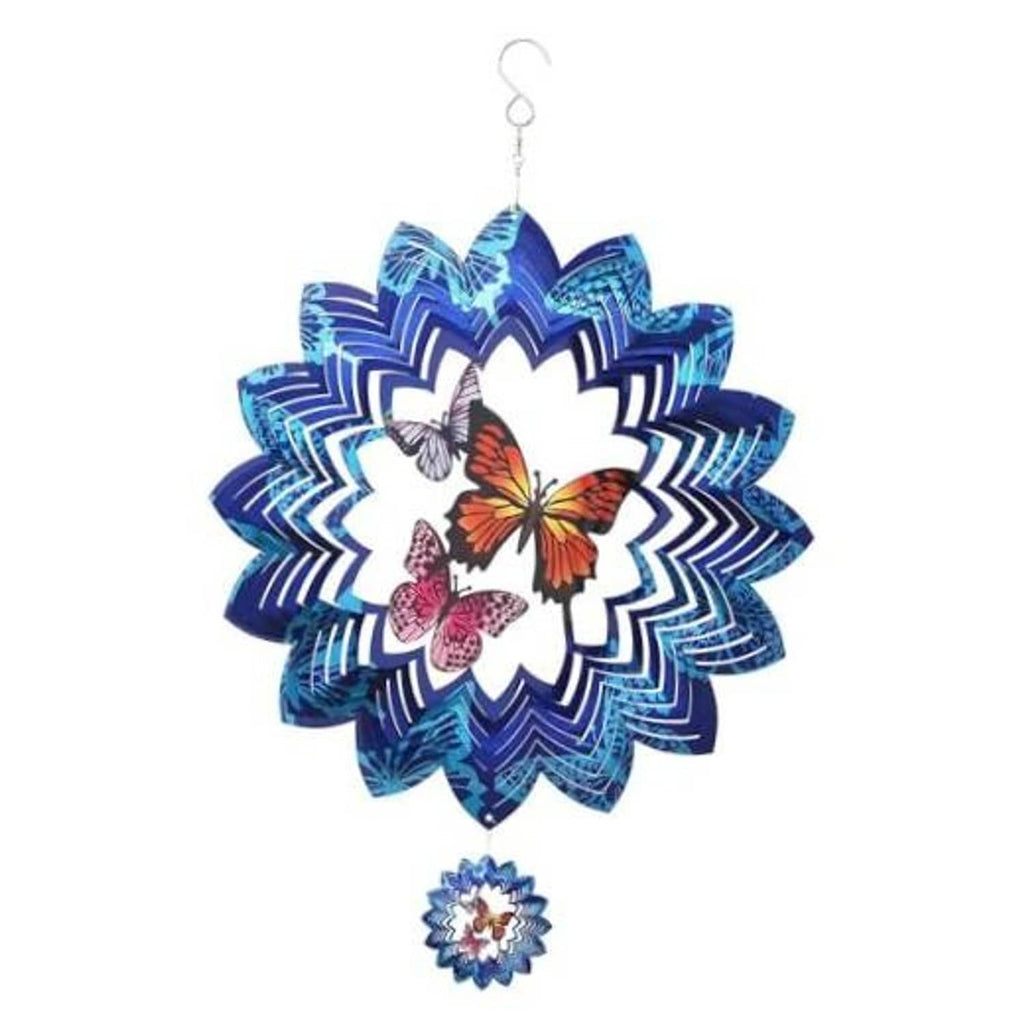 Blue and white butterfly wind spinner with hanging stainless hook