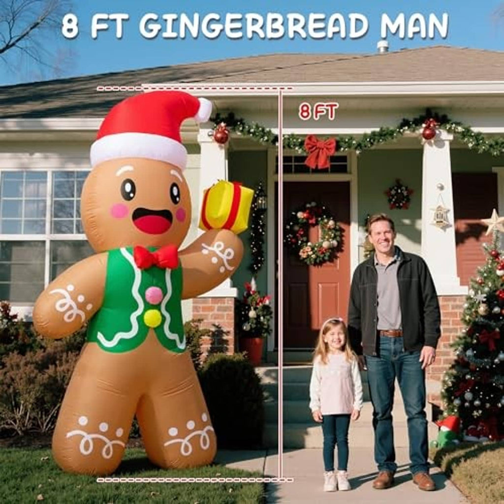 8 ft gingerbread man inflatable outdoor decor with Santa hat, green icing, and raised gift