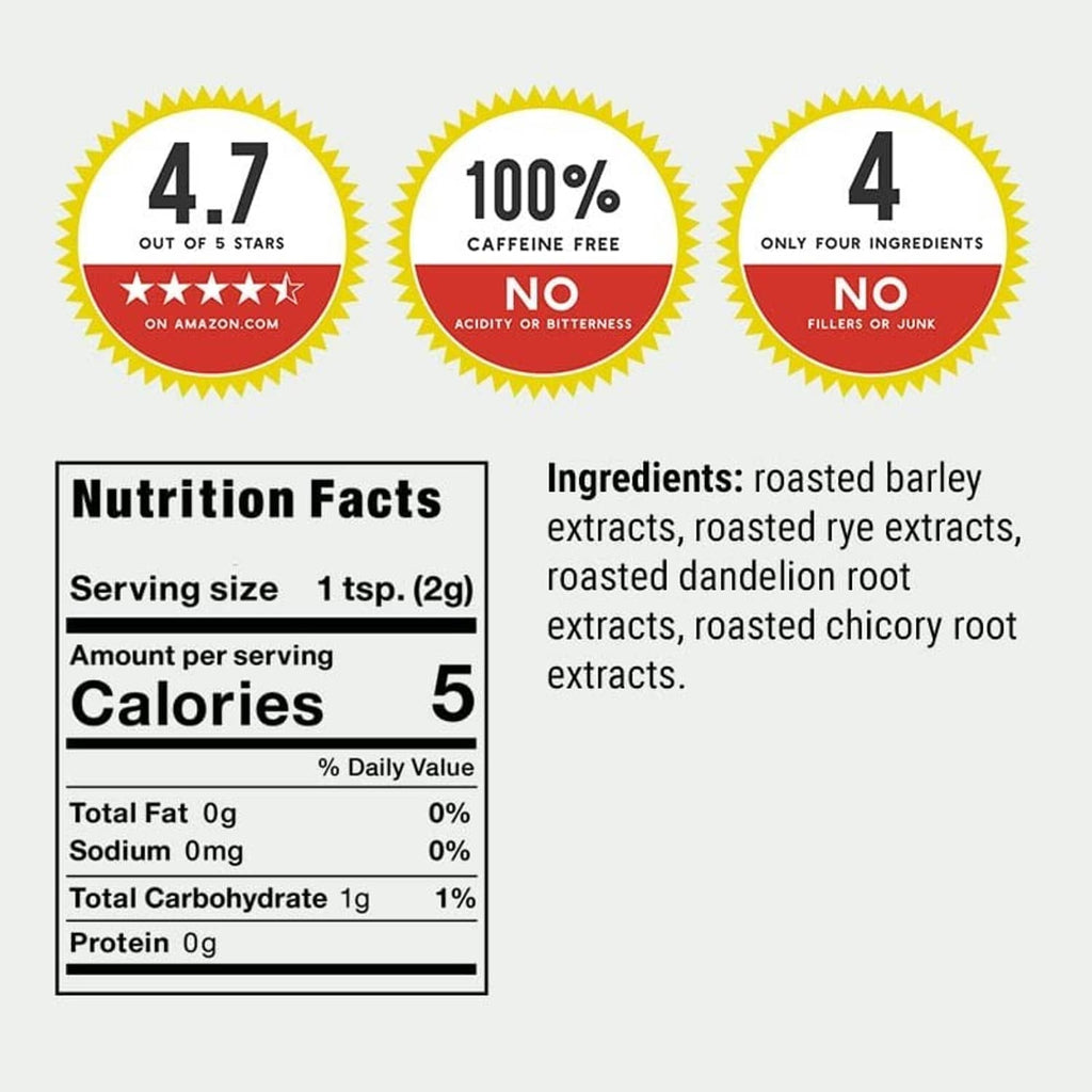Nutrition facts and ingredient list on instant herbal beverage pouch