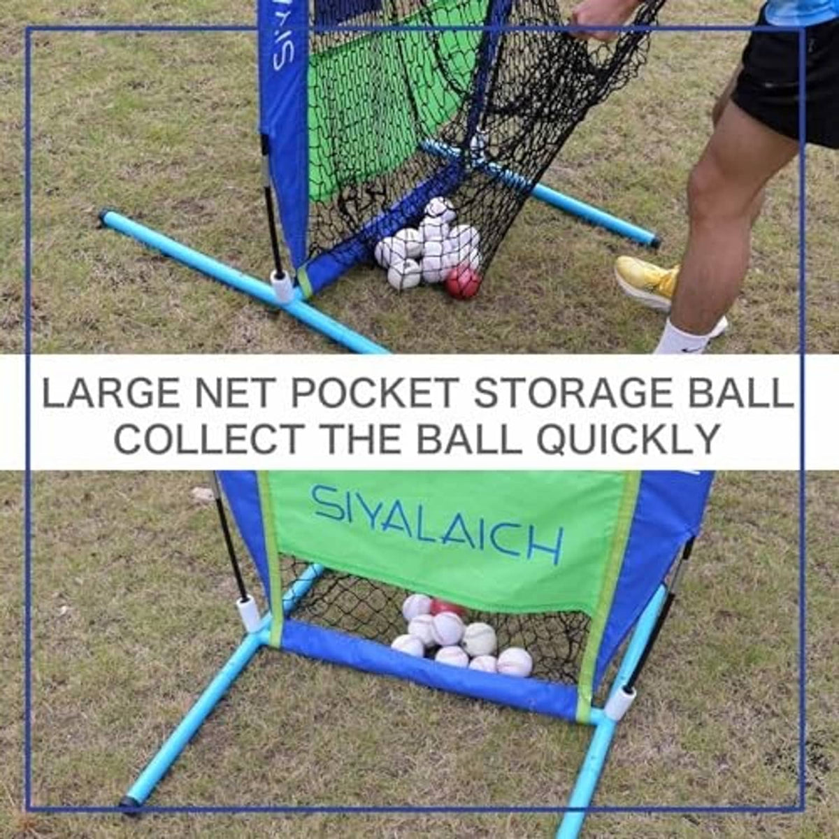 Portable target net with large lower storage pocket and balls in mesh, green-and-blue frame