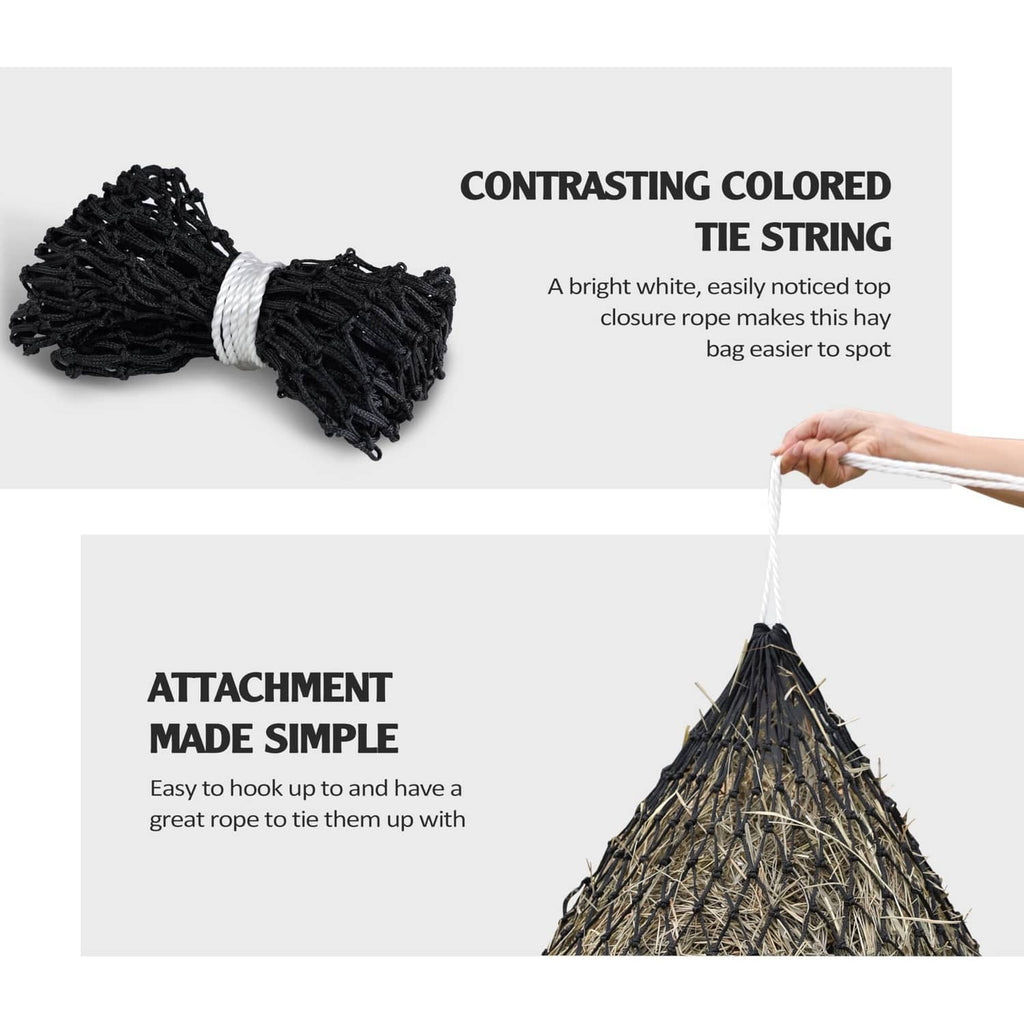 Black hay net bag with contrasting white tie string and folded rope end