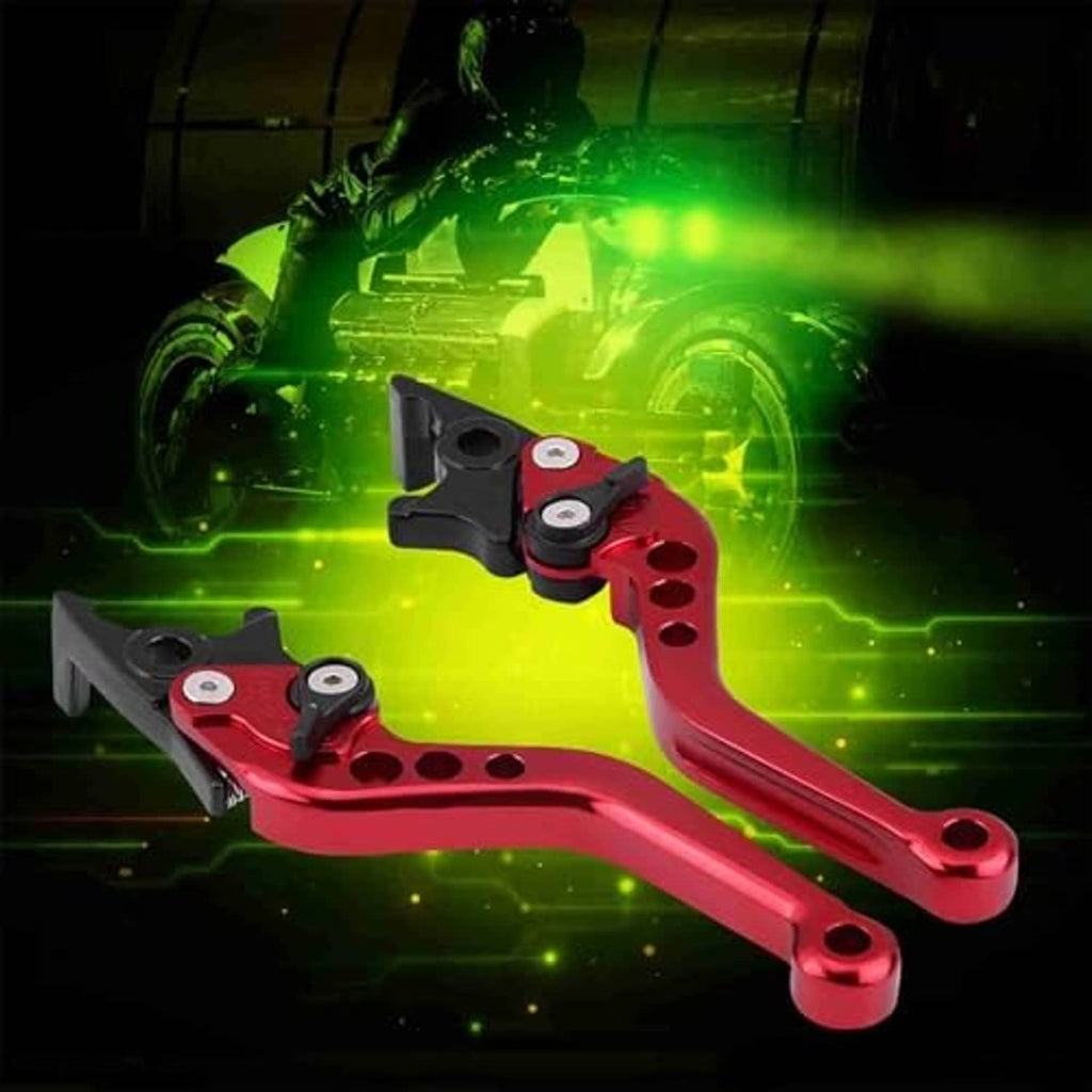Red double disc brake levers with black pads and pivot hardware, shown with neon glow