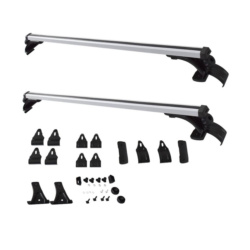 Car roof cross bars with included black brackets, pads, and fasteners on silver rails.