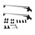Car roof cross bars with included black brackets, pads, and fasteners on silver rails.