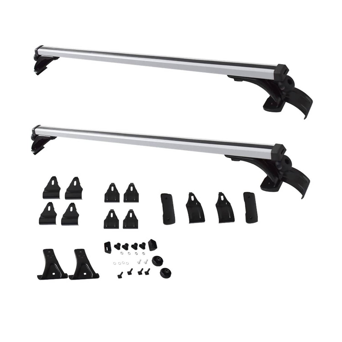 Car roof cross bars with included black brackets, pads, and fasteners on silver rails.