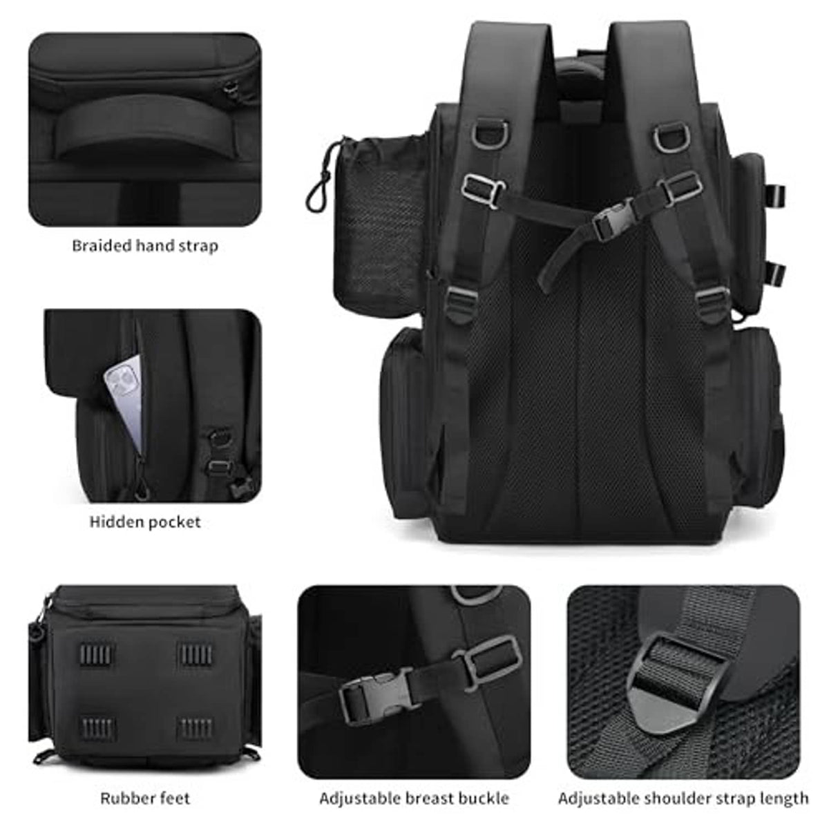 Black fishing tackle backpack with adjustable chest buckle, shoulder straps, and padded handles