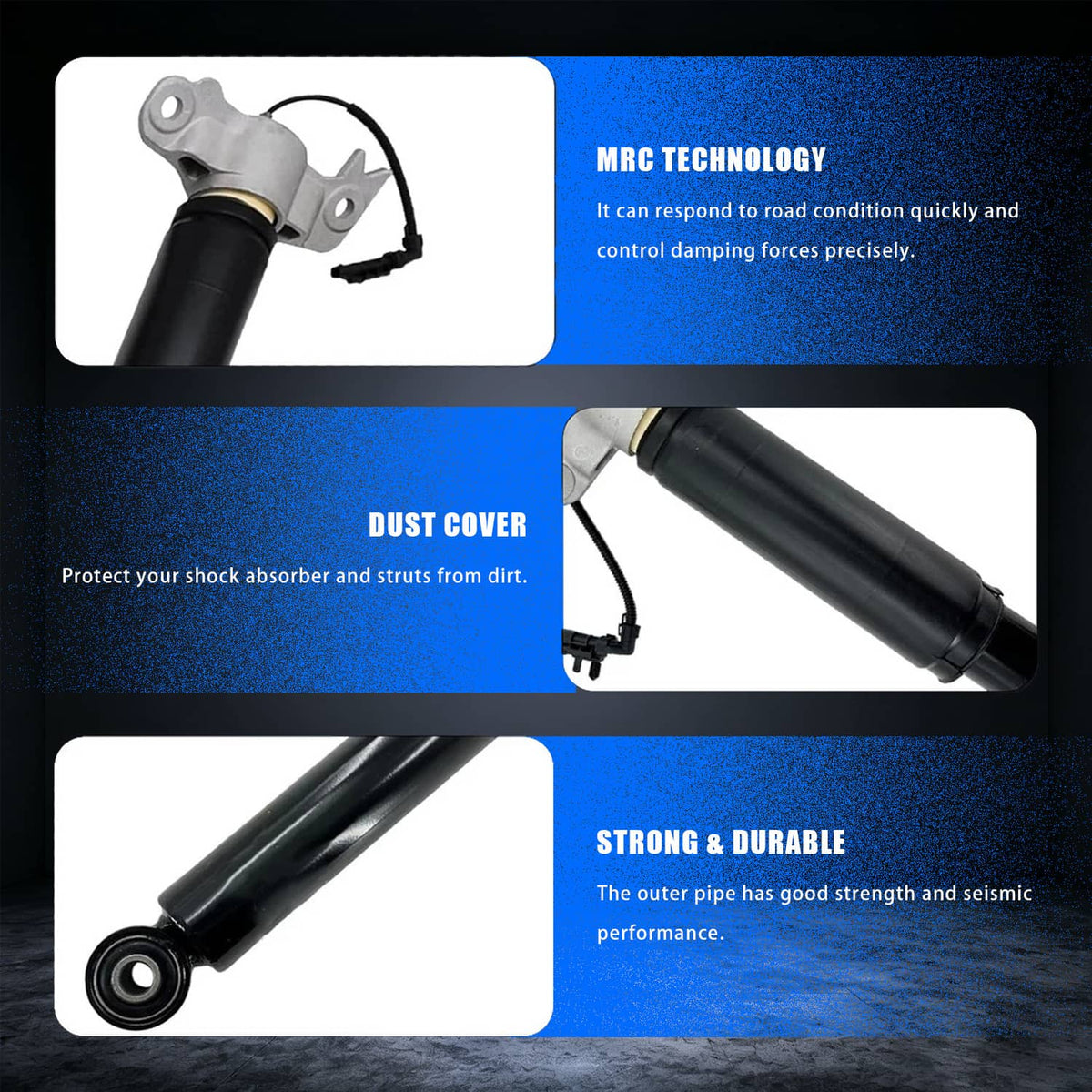 Shock strut assembly with black damper tube and dust cover detail