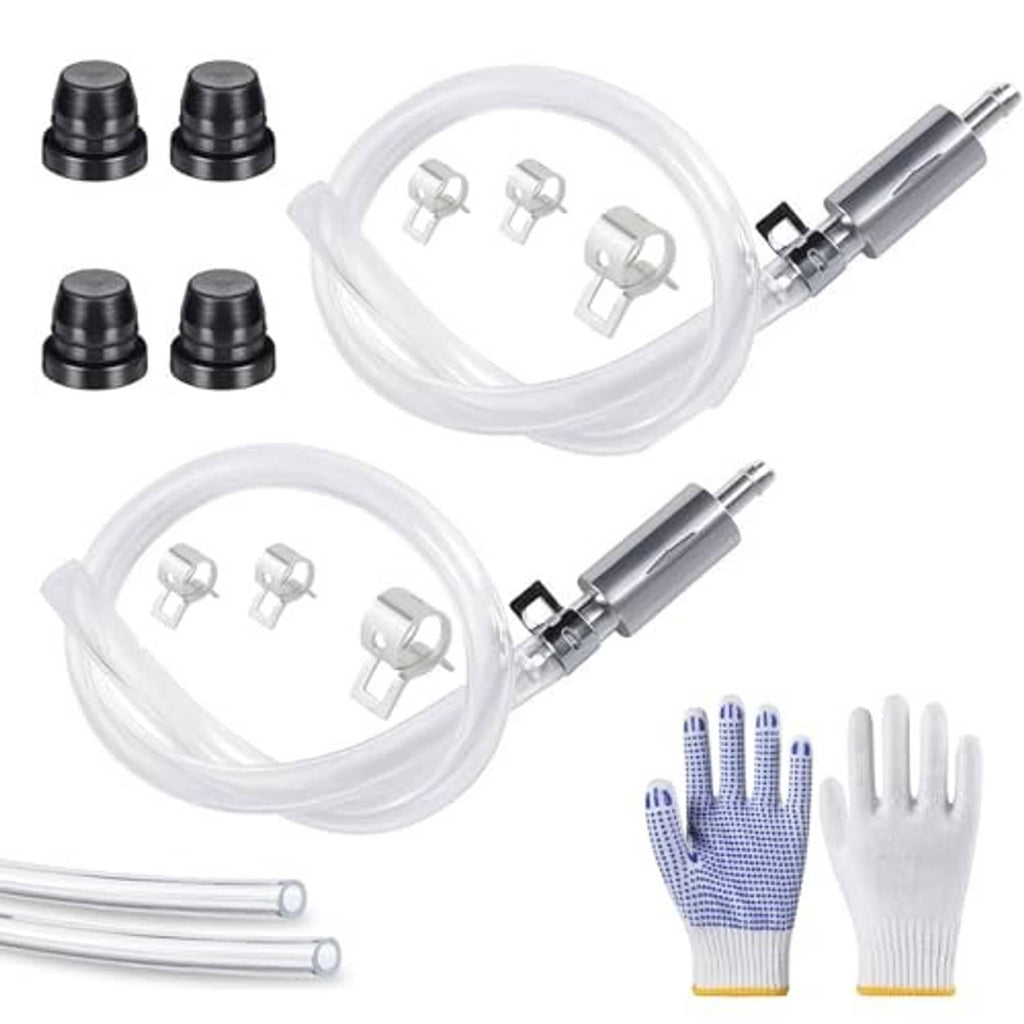 Brake bleeder hose kit with two clear hoses, check valve tube, and protective gloves