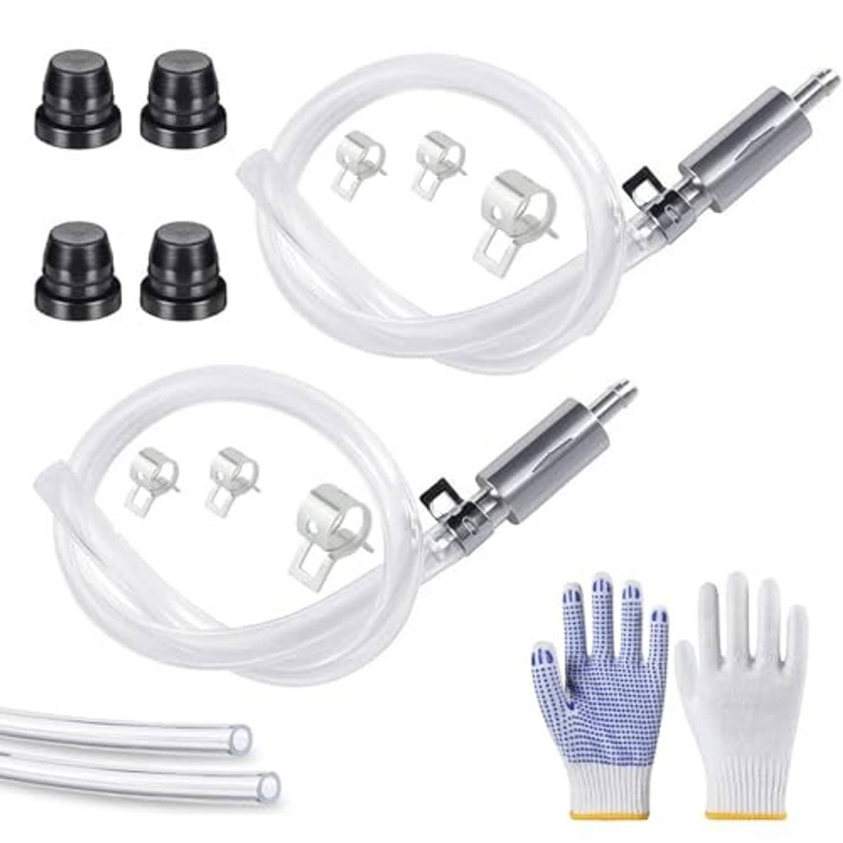 Brake bleeder hose kit with two clear hoses, check valve tube, and protective gloves