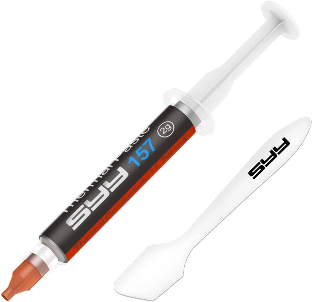 CPU thermal paste syringe with dispensing nozzle and visible brown paste tip