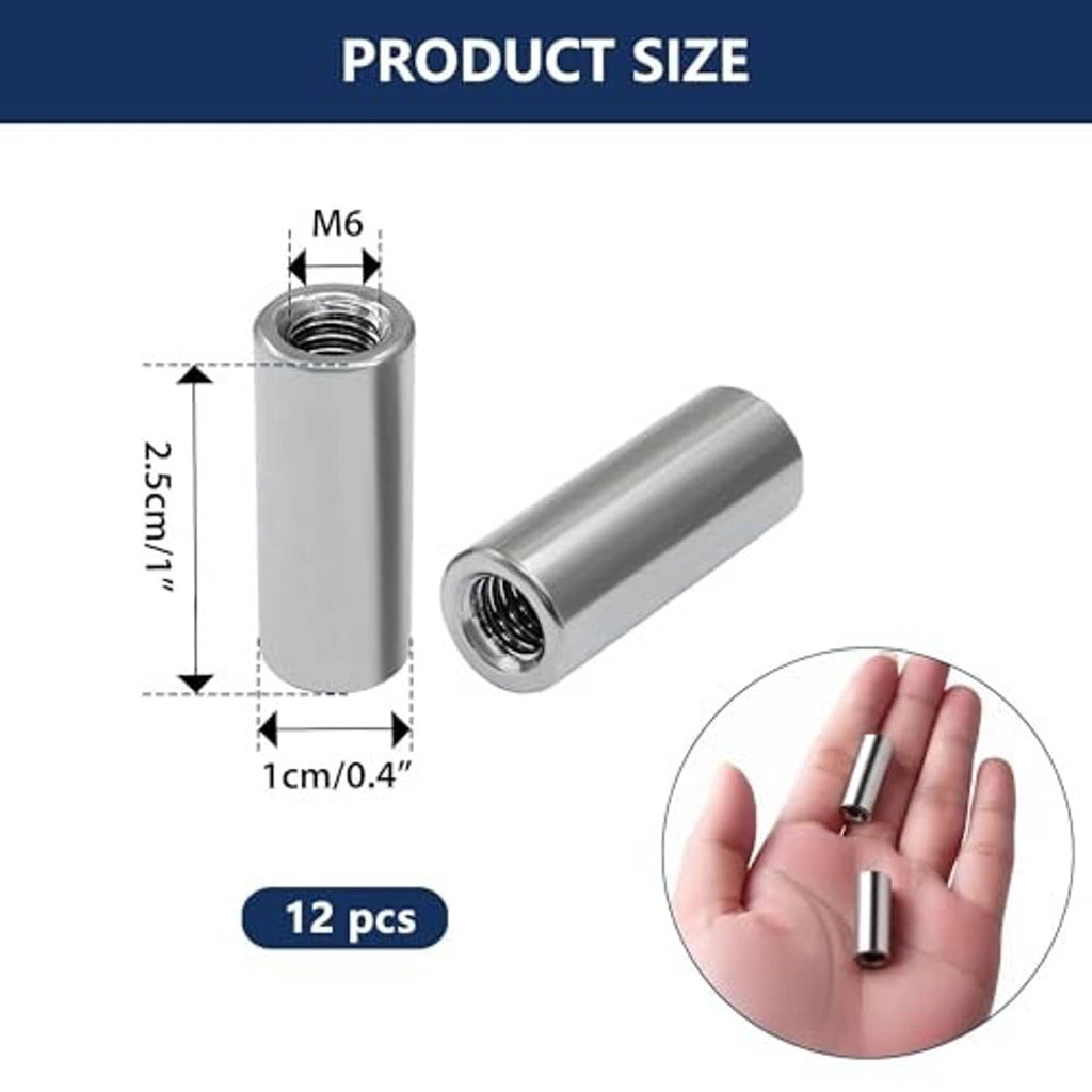 Stainless steel M6 threaded coupling sleeve, cylindrical body with internal thread