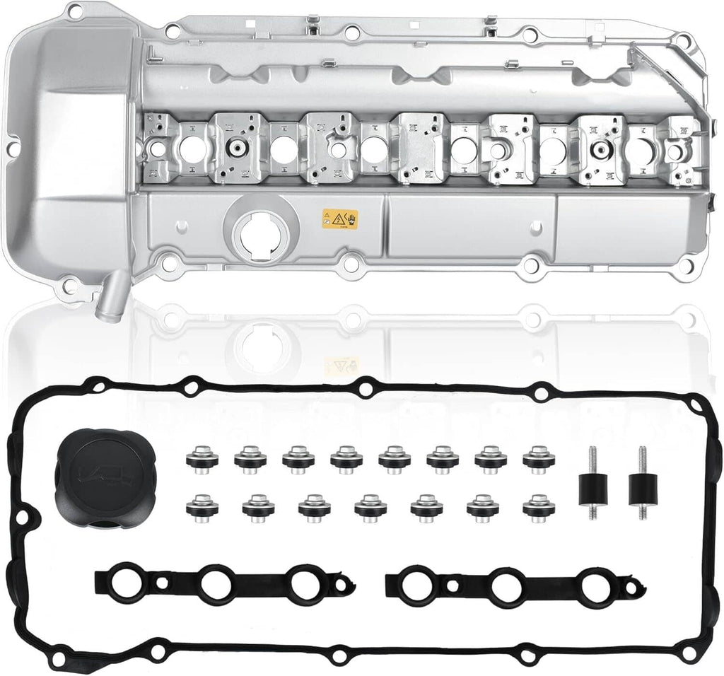 Silver valve cover kit with black oil cap, gasket seals, and bolt fastener set