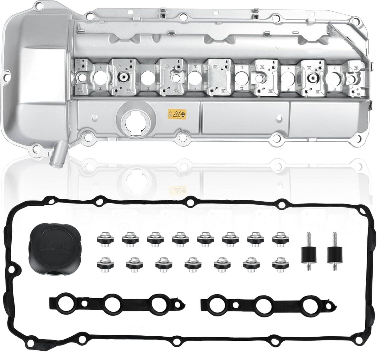 Silver valve cover kit with black oil cap, gasket seals, and bolt fastener set