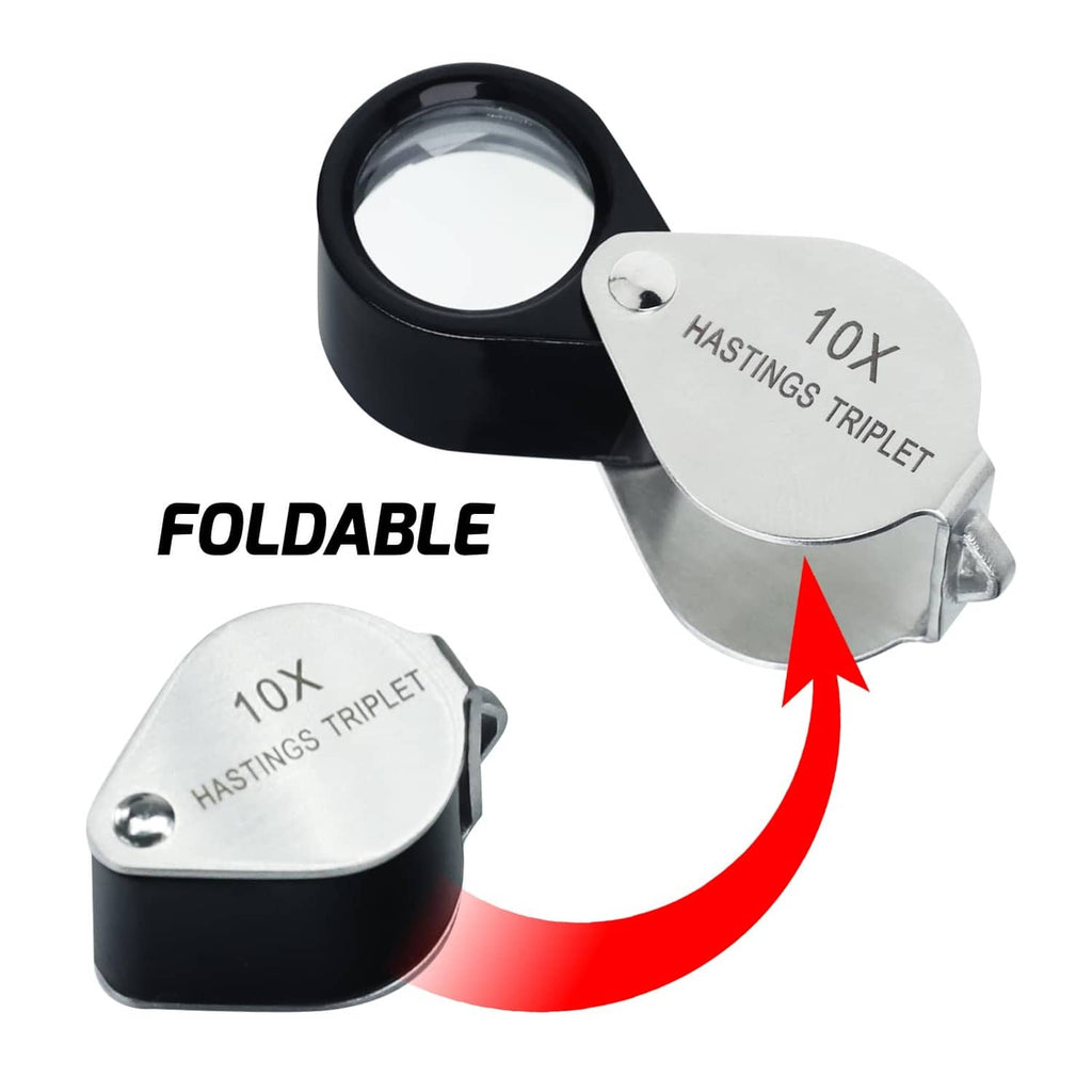 Foldable 10X triplet loupe with black base and silver hinged lens cover