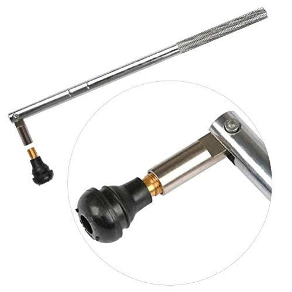Long chrome valve stem installer/puller tool with black rubber tip and brass connector