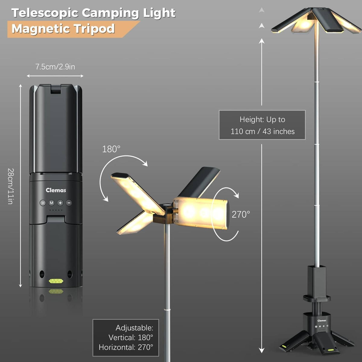 Gray telescopic camping light on magnetic tripod with adjustable tilt and height pole