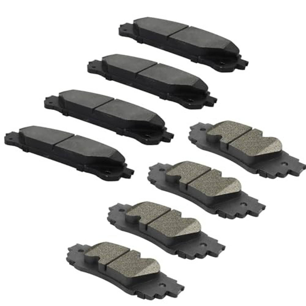 Ceramic brake pads set showing black and gray friction surfaces with mounting tabs