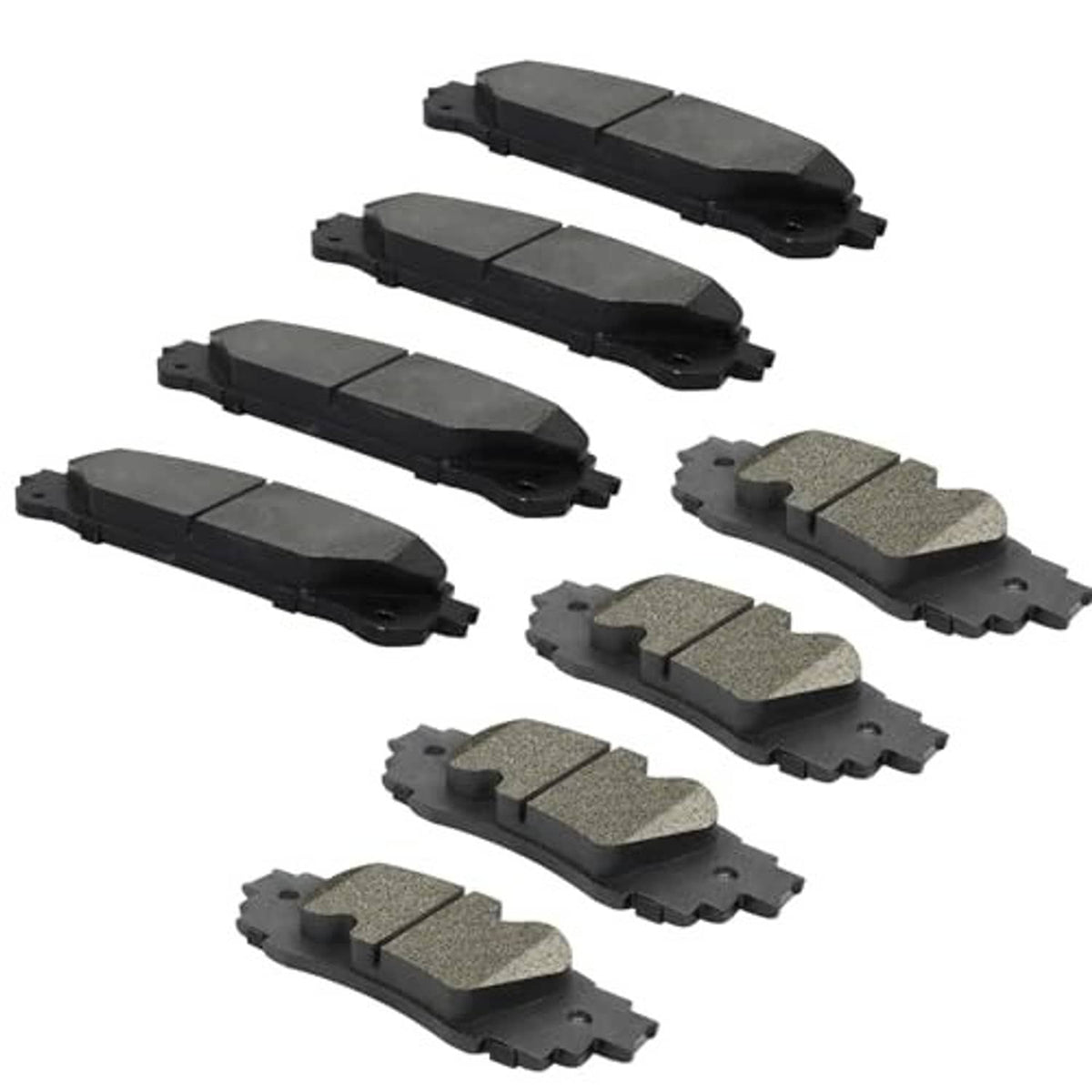 Ceramic brake pads set showing black and gray friction surfaces with mounting tabs
