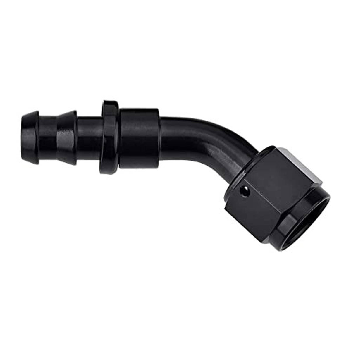 Black 45-degree push-lock hose fitting end with barbed outlet and square cap