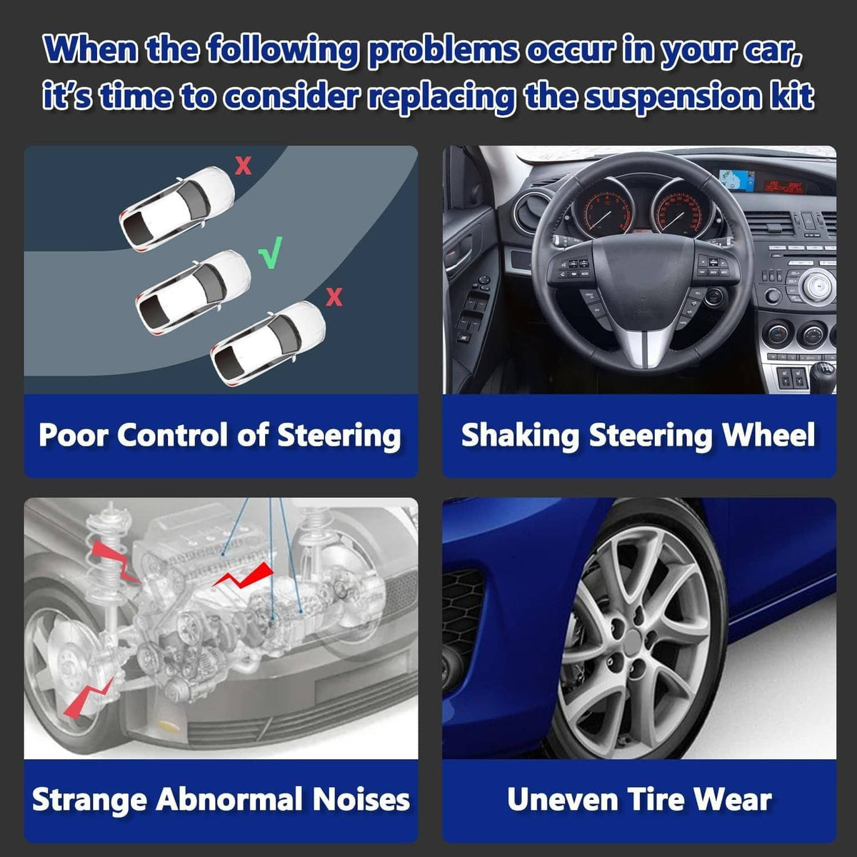 Suspension kit warning graphic with steering and tire wear problem icons
