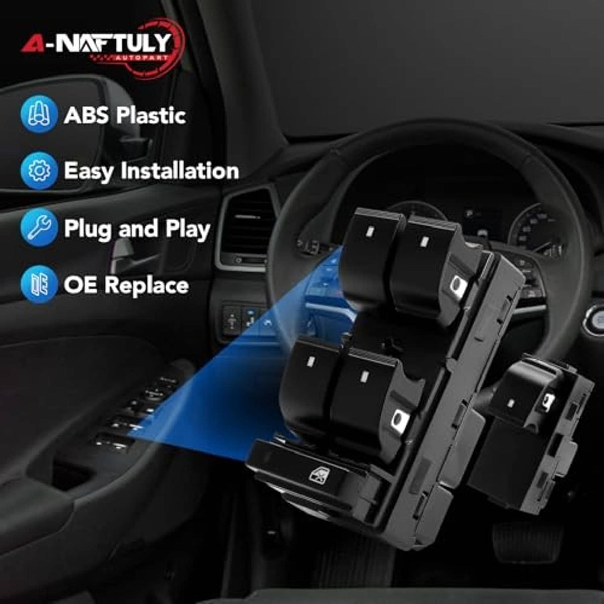 Power window switch kit installed near car dashboard controls, black rocker switches visible