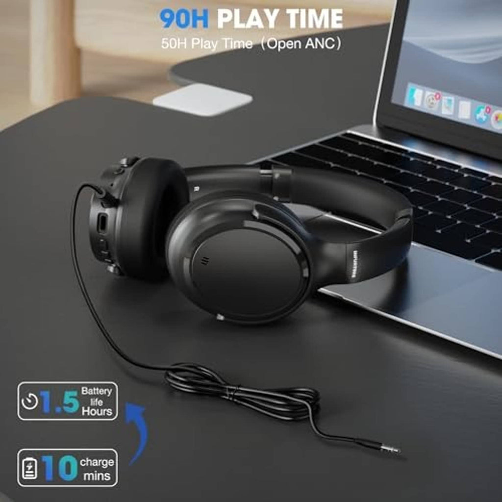 Black over-ear wireless headphones resting on a desk near a laptop