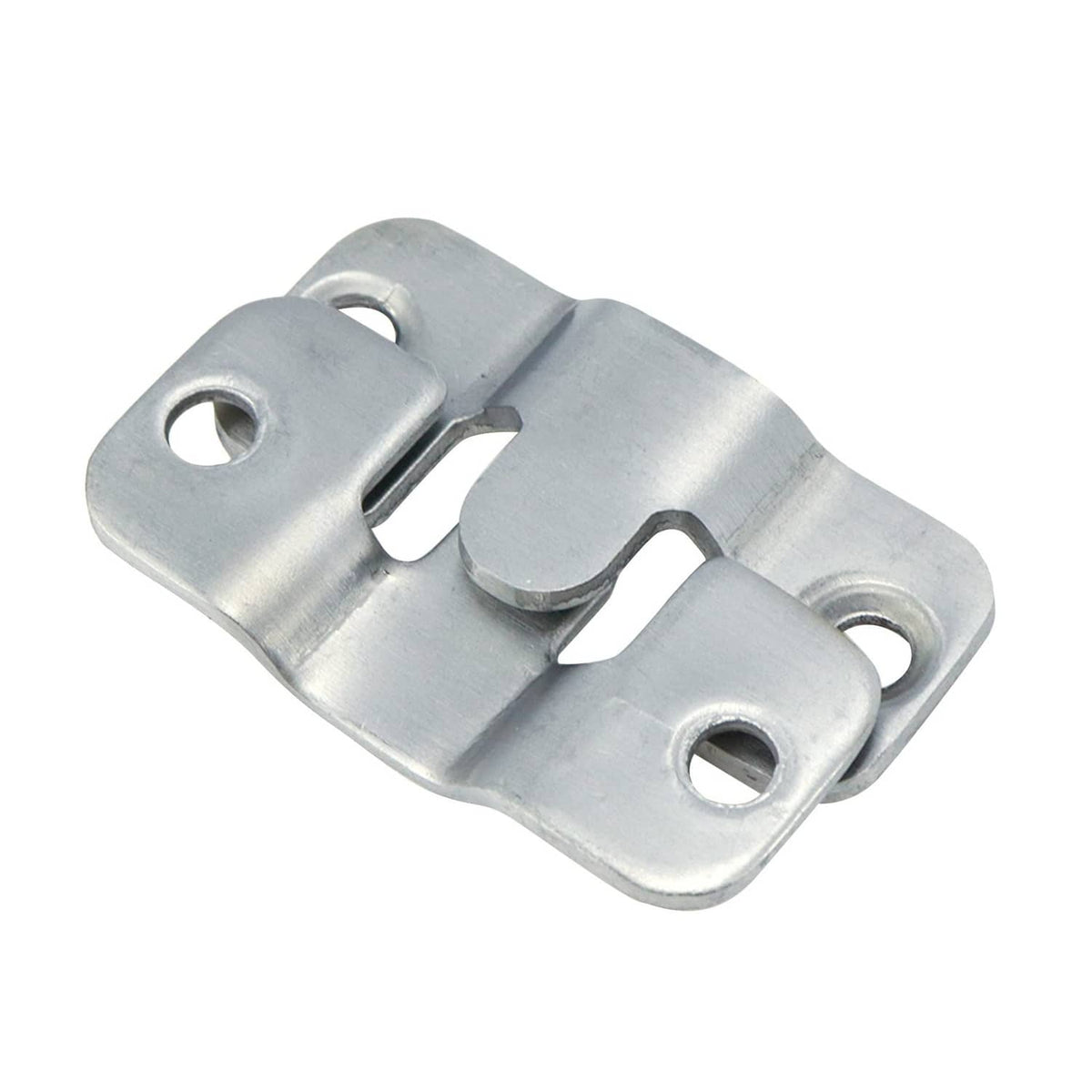 Single metal furniture connector with raised interlocking center and two mounting holes