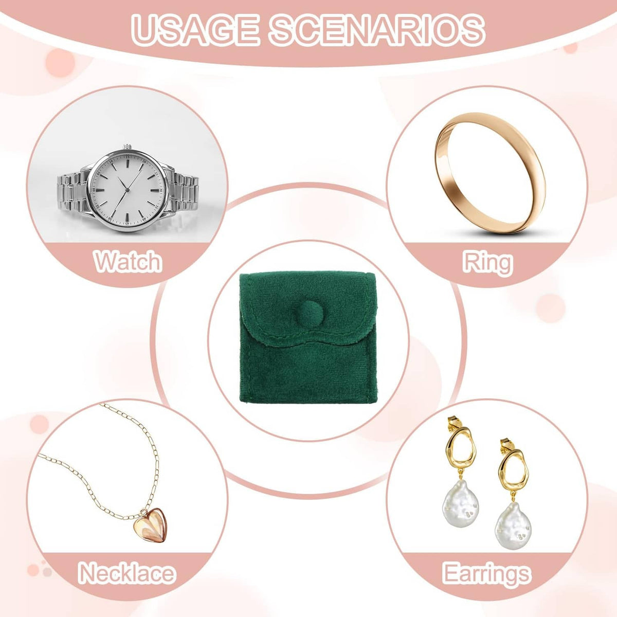 Green velvet jewelry pouch with snap-button flap