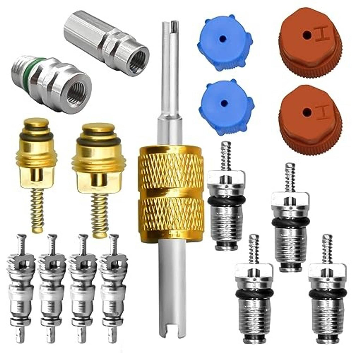 AC valve core kit with metal service valves, valve cores, and blue/brown caps