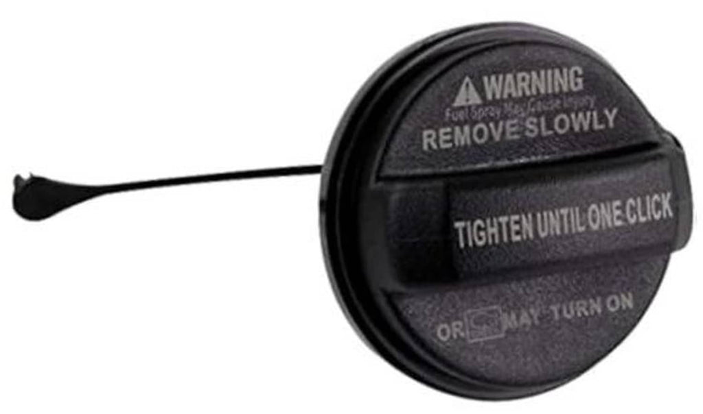 Fuel tank filler gas cap, black with warning text and attached tether handle