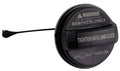 Fuel tank filler gas cap, black with warning text and attached tether handle