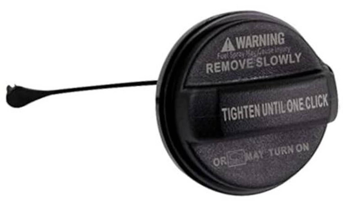 Fuel tank filler gas cap, black with warning text and attached tether handle