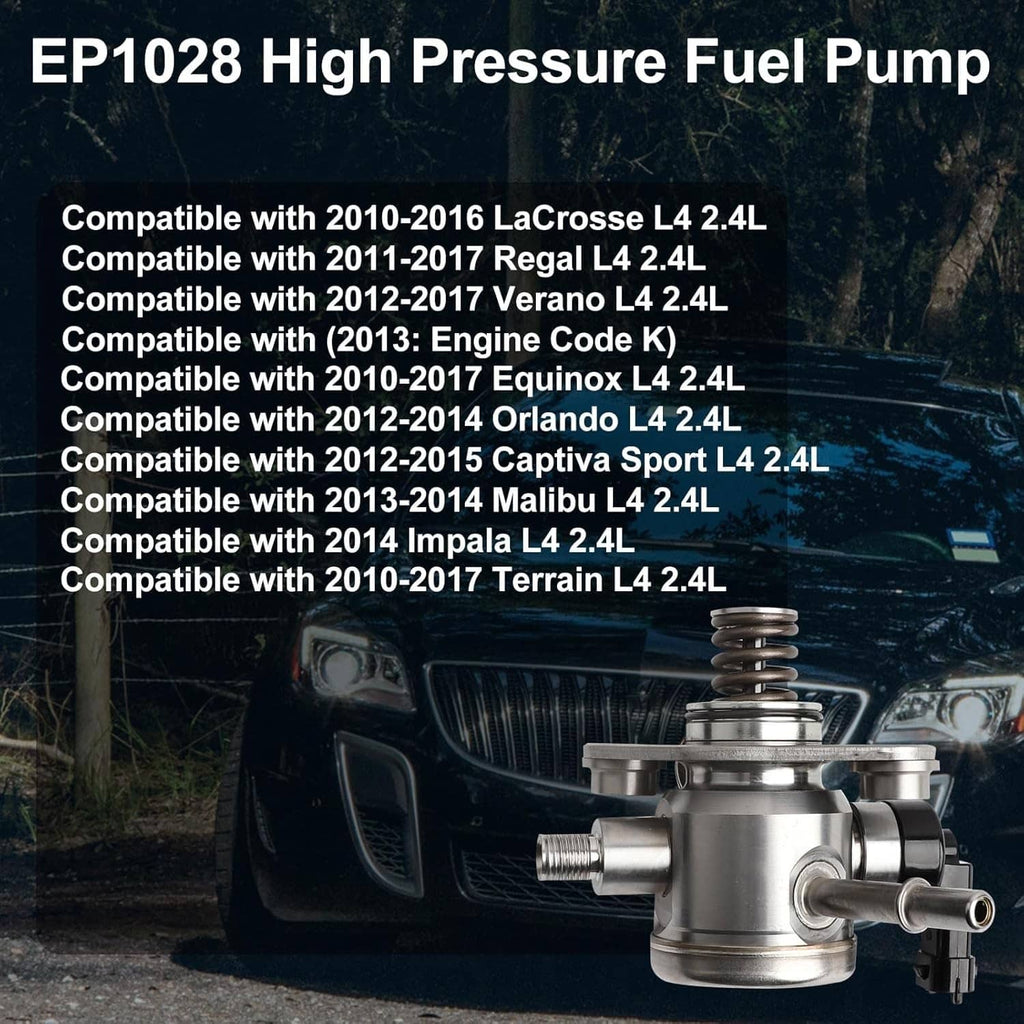 High-pressure fuel pump with metal housing and coil spring on vehicle hood, compatibility text