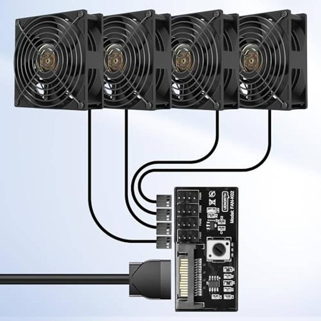 PC fan speed controller hub connected to four case fans using multiple cables