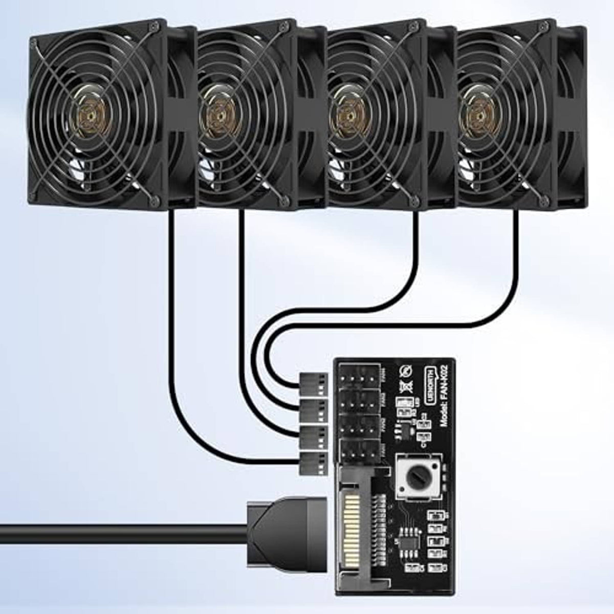 PC fan speed controller hub connected to four case fans using multiple cables