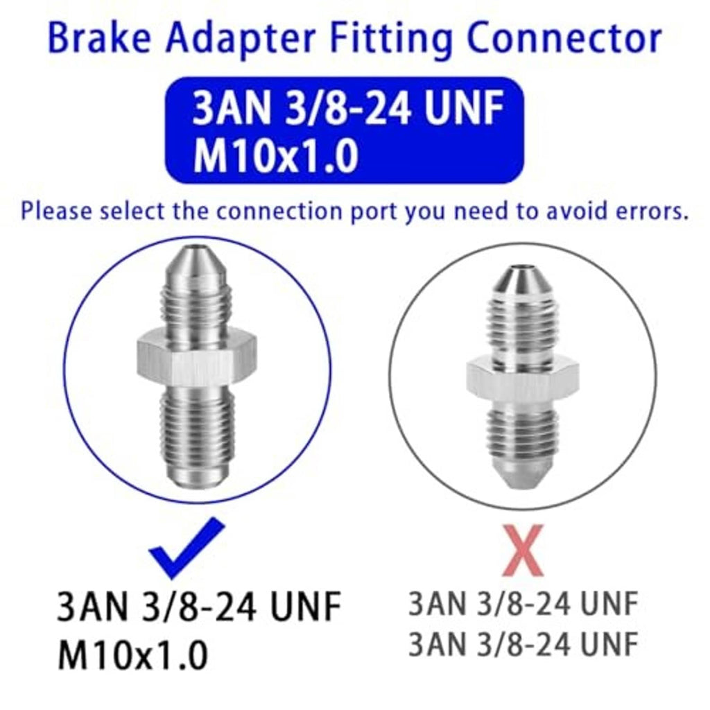 Brake adapter connector with 3AN and M10x1.0 male threads, compatibility indicated