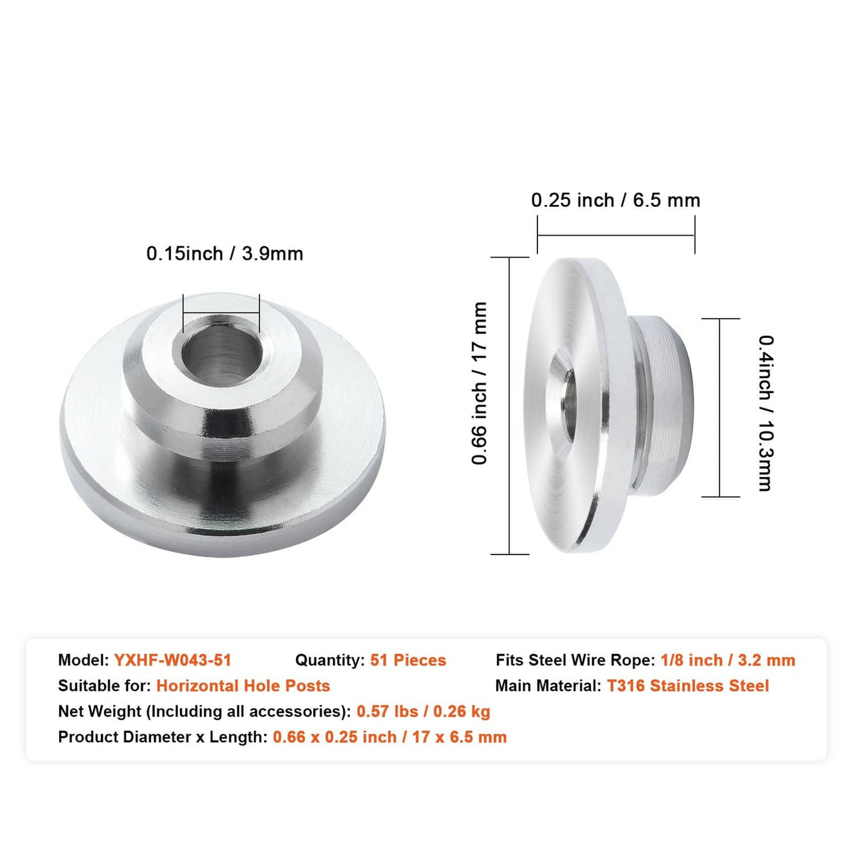 Stainless steel cable railing wheel protector sleeve with size dimensions diagram