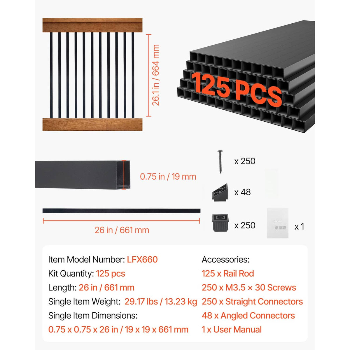 26 in black square balusters pack with 0.75 in x 0.75 in sections and connectors