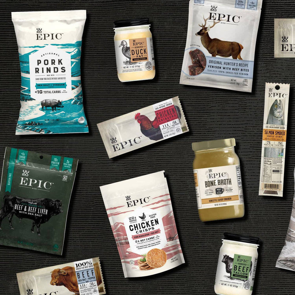 Assorted Epic snack products including a Venison Sea Salt + Pepper Bar packet