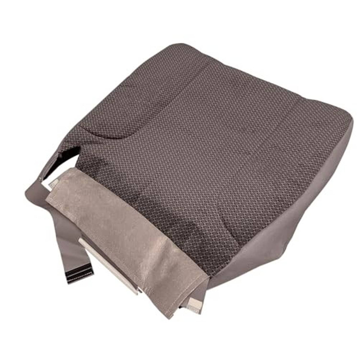 Textured dark cloth seat bottom replacement with tan edge trim and fastener openings