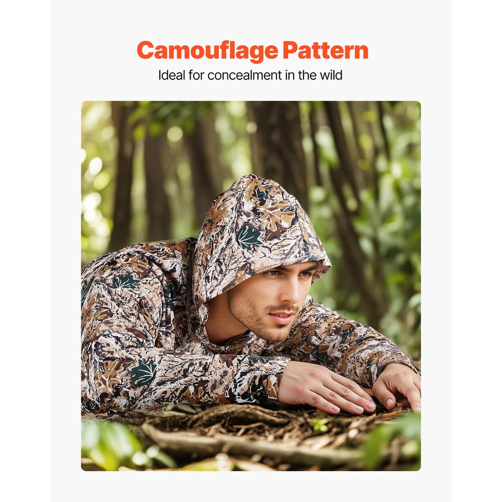 Camouflage pullover hoodie with hood, long sleeves, and all-over leaf pattern
