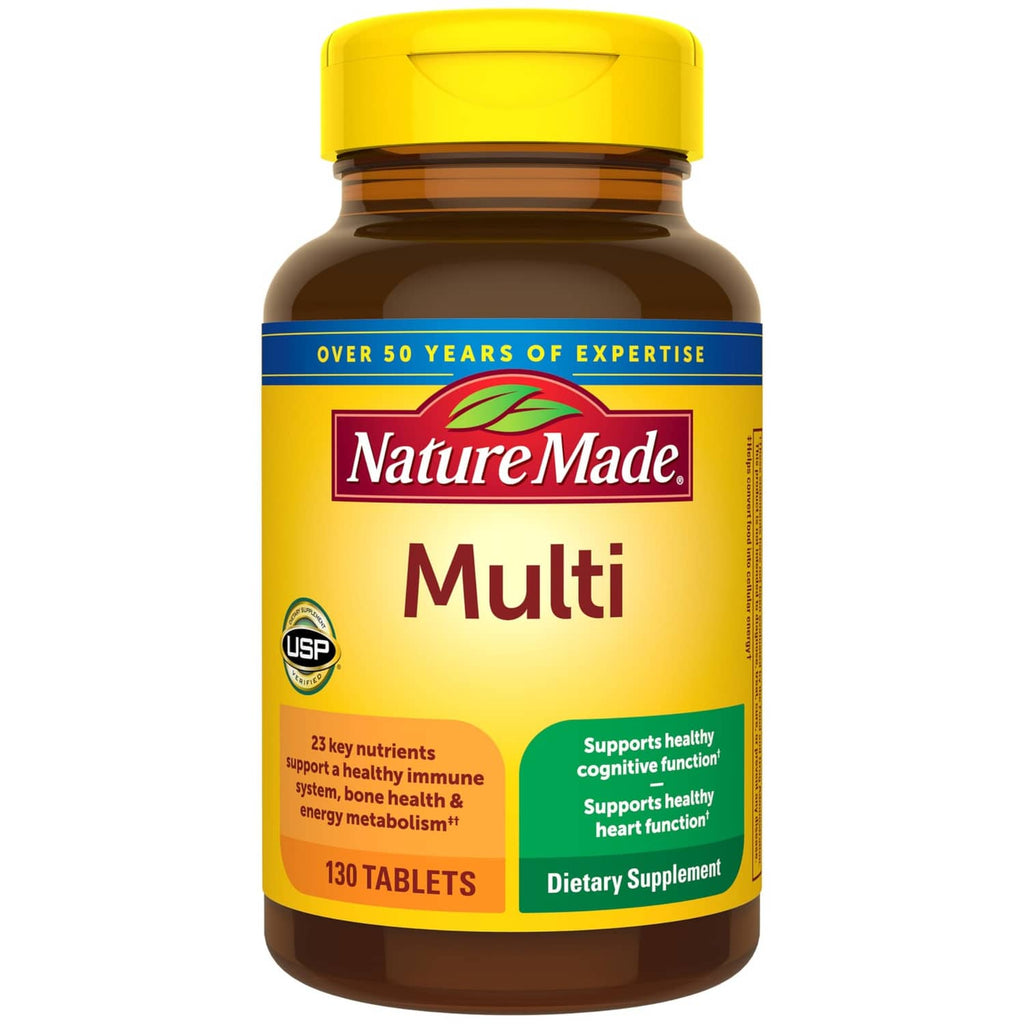 Nature Made Multi multivitamin bottle front, 130 tablets with iron